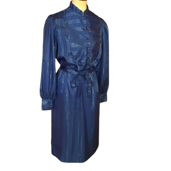 Vintage 80s Blue Midi Dress | Long Sleeve Button Up Tie Waist Dress - Picture 2 of 10